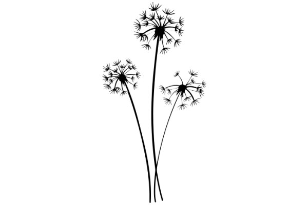 Silhouette of Three Dandelion Plants Against a White Background