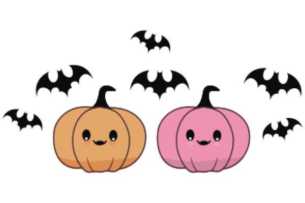 A Playful Halloween Scene with Bat and Pumpkin Characters