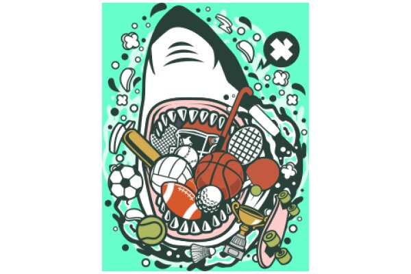 Whimsical Sports-Themed Illustration with a Shark's Mouth as the Centerpiece