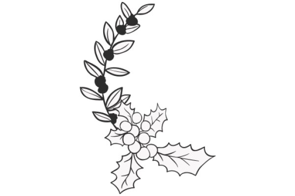 Elegant Line Art of a Branch with Berries and Leaves