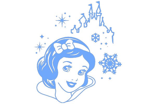 Whimsical Winter Wonderland: A Blue-Toned Illustration of Snow White with a Festive Background