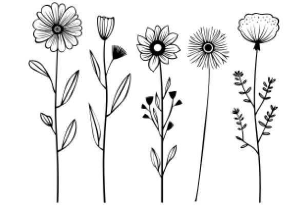 A Lineup of Five Stylized Flower Plants