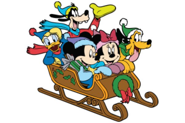 A Festive Gathering of Disney Characters in a Sleigh