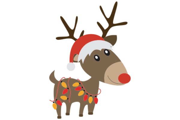 A Festive Reindeer with a Christmas Hat and Decorations