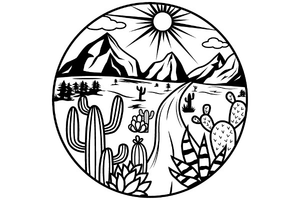 A Sunlit Desert Scene with Cacti and Mountains