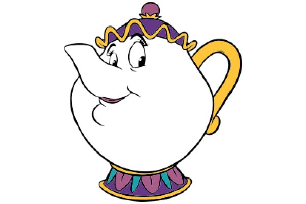 Whimsical Cartoon Character: A Purple and Yellow Teapot with a Smiling Face