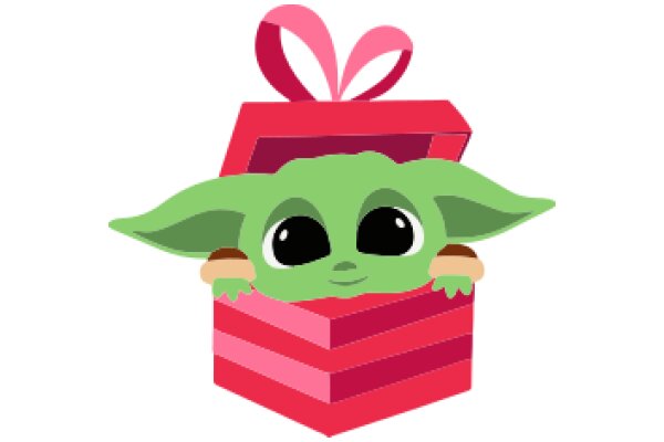 A Delightful Surprise: A Green Ewok Peeking Out from a Red Gift Box