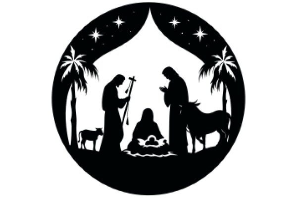 Silhouette of a Nativity Scene with Palm Trees and Stars