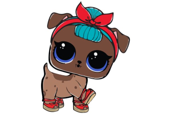 Adorable Cartoon Dog with a Blue Bow and Red Shoes