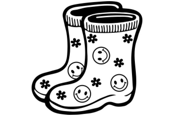 Whimsical Illustration of a Boot with Smiley Faces and Flowers