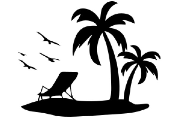 Serene Beach Scene with Silhouette of Palm Tree, Chair, and Birds