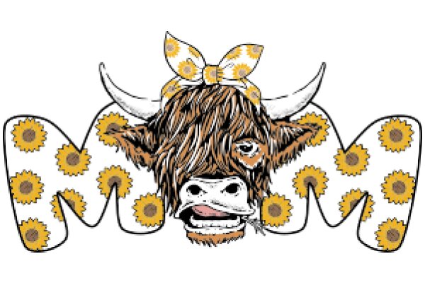 A Whimsical Illustration of a Bull with Sunflowers and a Bow