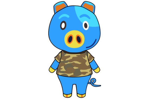 A Friendly Blue Cartoon Character with a Big Smile and a Camouflage Shirt