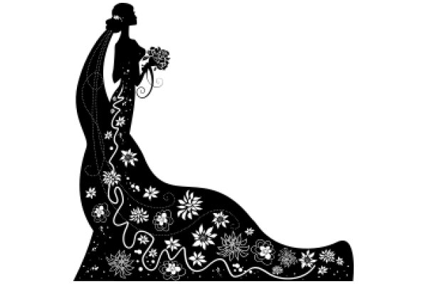 Elegant Silhouette of a Woman in a Gown, Holding a Bouquet of Flowers