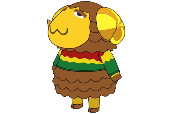 A Whimsical Character: A Yellow and Brown Cartoon Sheep with a Striped Sweater