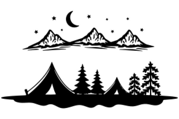 A Silhouette of a Camping Scene with Mountains and Stars