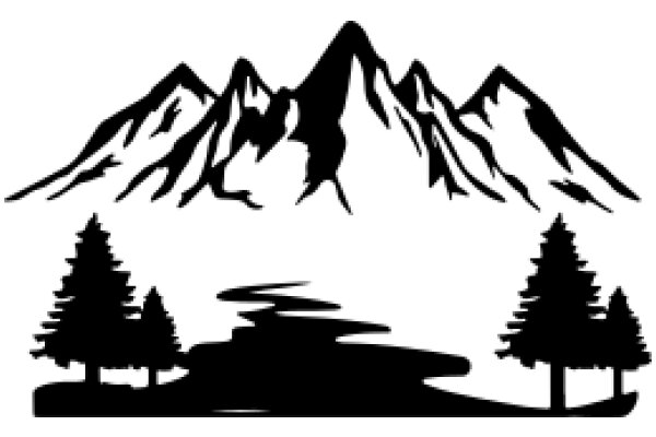 Silhouette of a Mountainous Landscape with Trees and a River