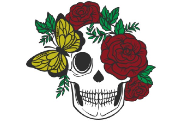 Stylized Skull with Floral Crown and Butterfly Wings