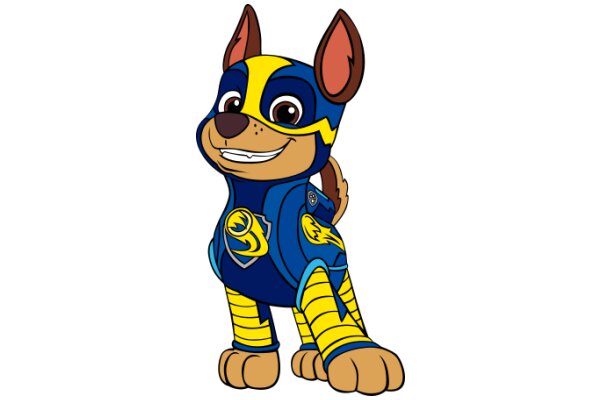 A Playful Pup in a Superhero Costume: A Cute and Colorful Illustration of a Dog in a Blue and Yellow Superhero Outfit