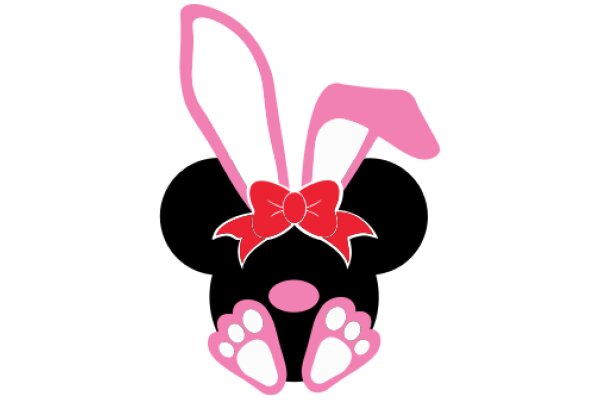 Cute Pink and Black Easter Bunny with a Bow and Paw Prints