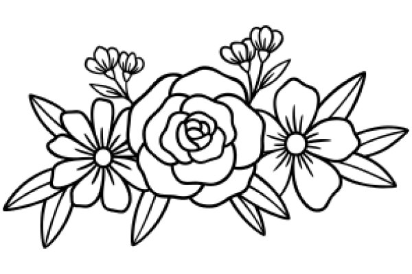 Floral Artwork: A Rose and Three Flowers with Leaves