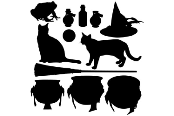 A Collection of Silhouettes: A Cat, a Witch, a Broom, and a Cauldron