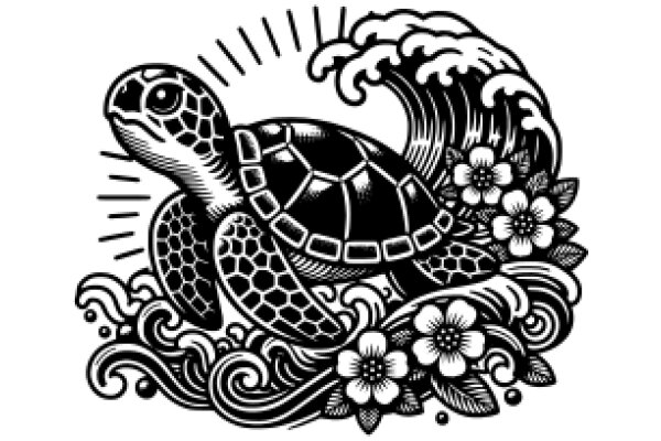 Stylized Illustration of a Turtle and Wave with Floral Accents