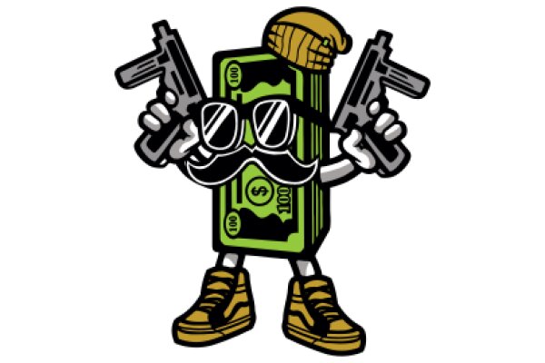 Stylish Illustration of a Character with a Money Bag and Guns