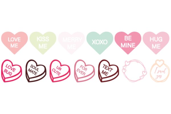 A Collection of Love and Affection: A Row of Heart-Shaped Stickers with Messages of Love and Friendship