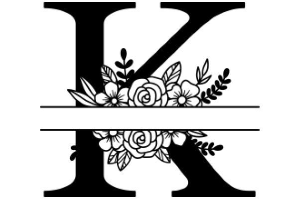 Monochrome Artwork: AFlower Bouquet and the Letter 'K'.