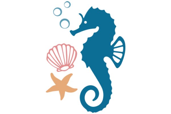 A Whimsical Seascape: A Blue Seahorse, Pink Shell, and Orange Starfish