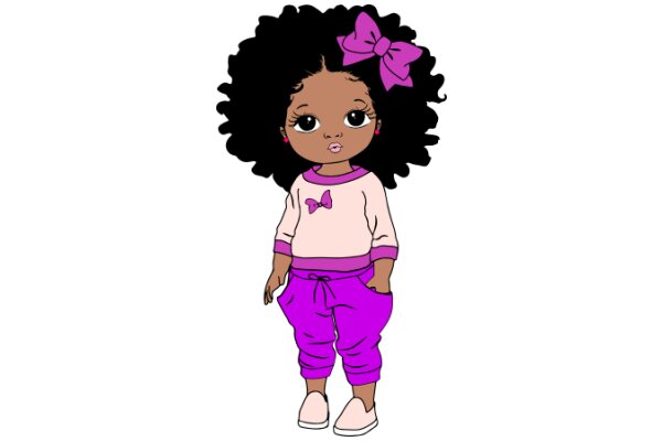 Stylish Cartoon Girl with Pink Bow and Purple Pants