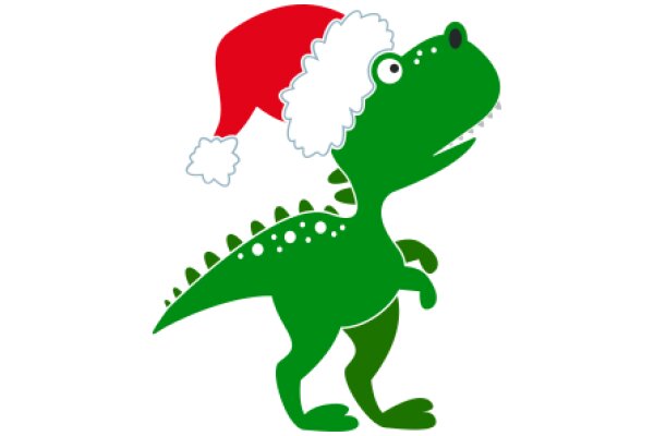 A Festive Holiday Greeting: A Green T-Rex with a Santa Hat and Mistletoe