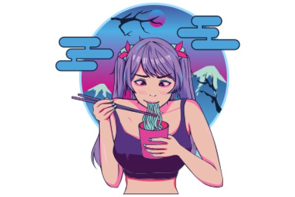 Anime-Inspired Illustration: A Purple-Haired Girl Enjoying a Bowl of Noodles with a Mountainous Backdrop