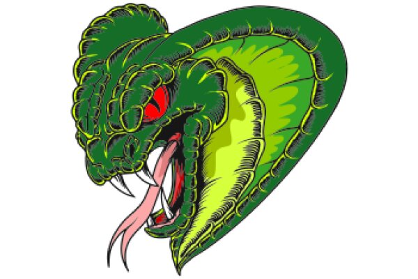 Vivid Illustration of a Green Snake with Red Eyes and a Pink Tongue