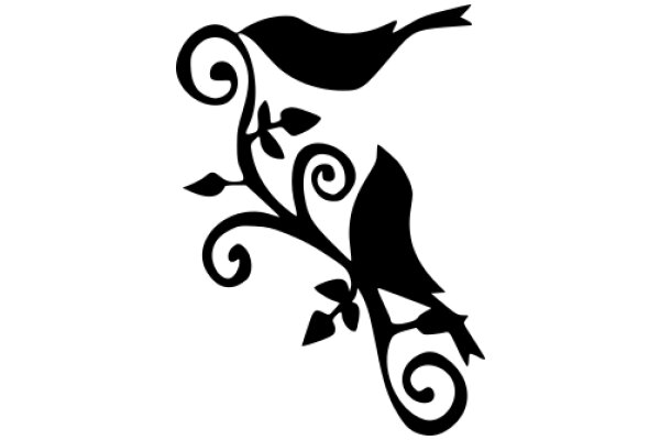 Stylized Black Silhouette of a Bird with Swirling Leaves