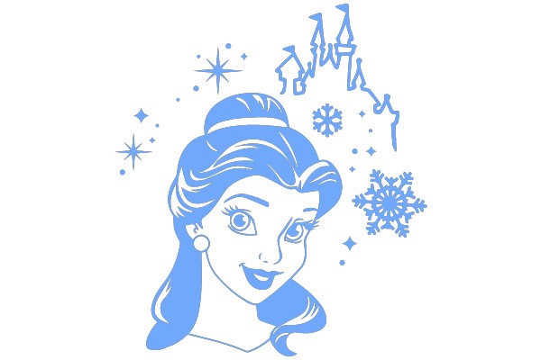 A Whimsical Winter Wonderland: A Blue-Toned Illustration of a Princess and Snowflakes