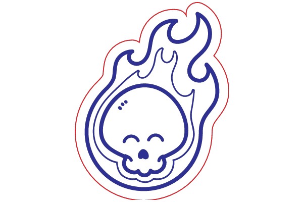 A Stylized Skull with Flames, in a Blue and White Sticker Design