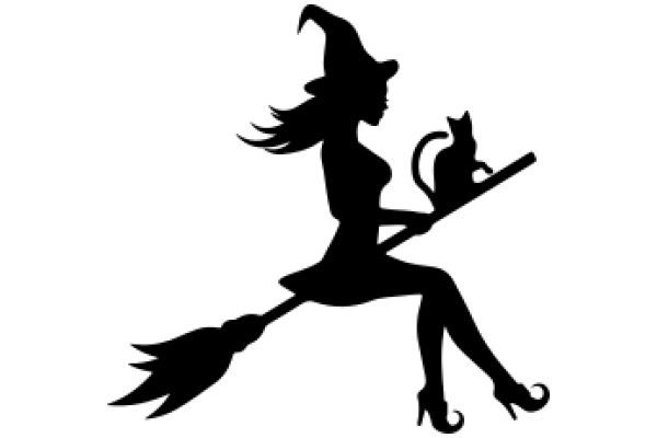 Silhouette of a Witch and Her Cat on a Broomstick