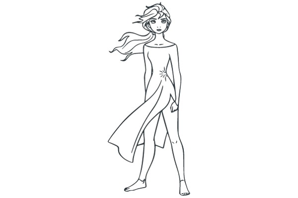 Stylized Illustration of a Female Character with Long Hair and a Dress