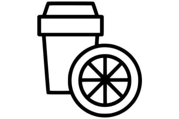 A Simple Line Drawing of a Coffee Cup and a Wheel