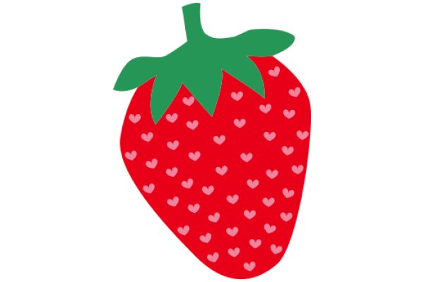 Vibrant Red Strawberry with Green Leaves and Heart Patterns