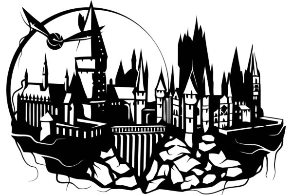 A Silhouette of a Cityscape with a Clock Tower and a Windmill