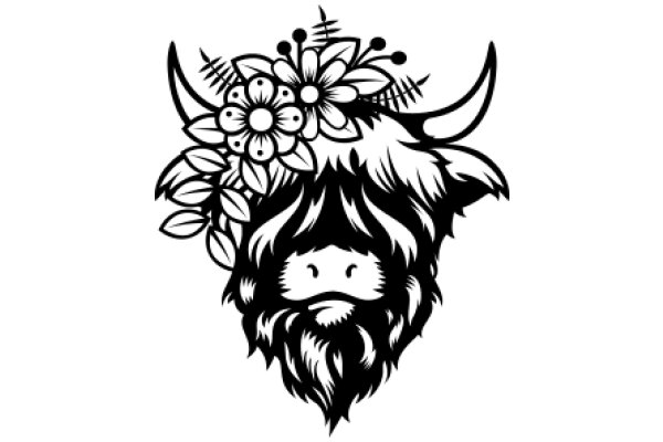 Stylized Illustration of a Bull's Head with a Floral Crown