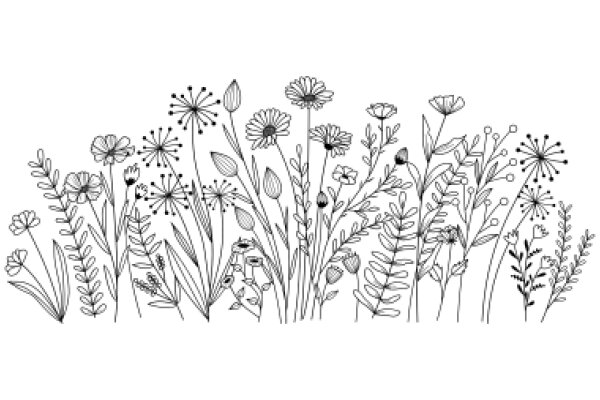 A Whimsical Garden: A Line Drawing of Flowering Plants and Flowers