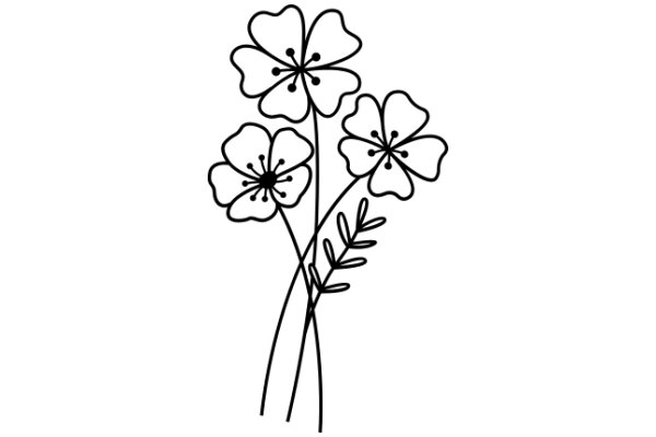 Line Drawing of Three Flower Stems with Flowers