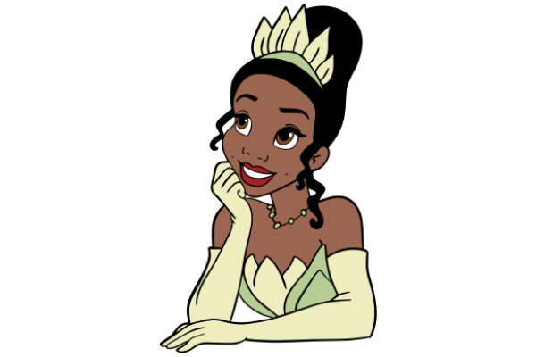 A Stylish Animation of a Woman with a Crown, Sitting and Smiling