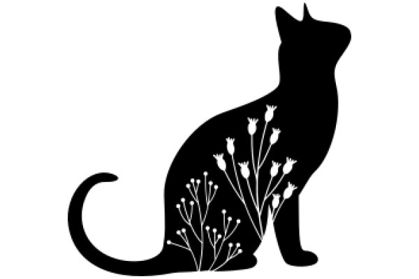 Silhouette of a Cat with Flower Stems