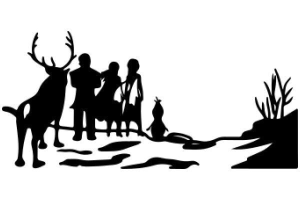 Silhouette of a Family and a Deer on a Beach