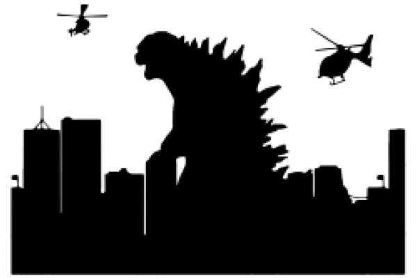 Urban Silhouette: A Cityscape with a Silhouette of Godzilla and Helicopters